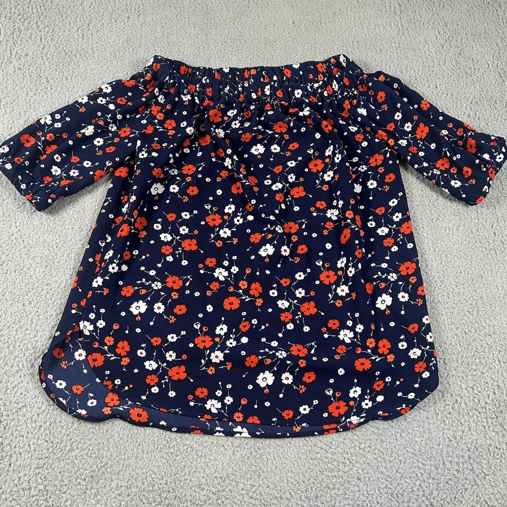 MICHAEL Michael Kors Blouse Womens Medium Navy Floral Off Shoulder 3/4 Sleeve - Picture 2 of 16